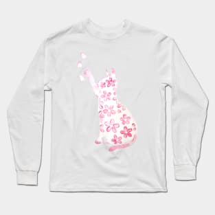 pink cat and cherry flowers watercolor Long Sleeve T-Shirt
